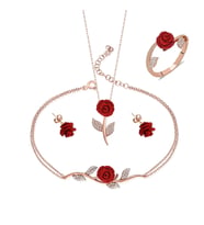 925 Ayar Gümüş Zirkon Taşlı Gül Kolye Küpe Bileklik Yüzük Seti (Rose)