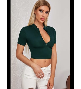 Fantezia Night Kadın Siyah Yarım Fermuarlı ve Kısa Kollu Crop Top Bluz