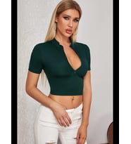 Fantezia Night Kadın Siyah Yarım Fermuarlı ve Kısa Kollu Crop Top Bluz