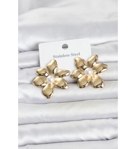 316L Çelik Gold Renk İncili Lotus Model Kadın Küpe