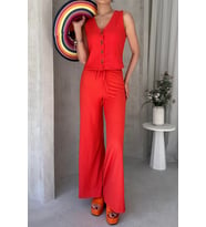 NİDO MODA Yeni Sezon Kadın Yüksek Bel Rahat Pantolonlu Kolsuz Yelekli Takım