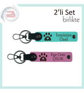 Veteriner Hekime Anlamlı ve Şık Teşekkür, Kalpli Pati Temalı Deri Anahtarlık Seti, Turkuaz-Pembe