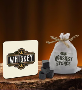 BK Gift Whiskey Tasarımlı Ahşap Bardak Altlığı ve 6’lı Granit Viski Taşı Hediye Seti - Model 4