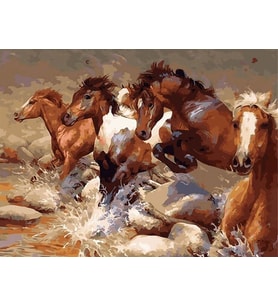 Nehirde Atlar Sayılarla Boyama Seti 40x50 cm (Tuvale Gerili) - Womb Hobby