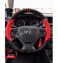 Hyundai i20 Coupe Dikme Direksiyon Kılıfı Parlak Siyah Kırmızı Detaylı Kırmızı Çift Yüzük ve Dikiş 2015-2018