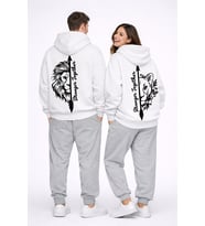 Stronger Together Yazılı Aslan Kaplan Baskılı Beyaz Sevgili Kombini Oversize Hoodie
