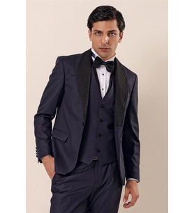 Koyu Lacivert Desenli Yelekli 6 Drop Slim Fit Smokin Damatlık Takım 1001230203