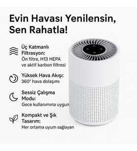Sessiz Çalışan Üç Katmanlı H13 HEPA Filtreli Kompakt Hava Temizleyici – Aktif Karbon Filtreli