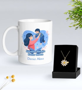 BK Gift Kişiye Özel Anneler Günü Tasarımlı Beyaz Kupa ve Papatya Kolye Hediye Seti - 7, Anneler Günü Hediyeleri, Anneye Hediye