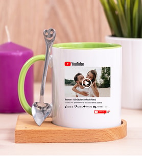 Kişiye Özel Youtube Tasarım Fotoğraflı Ahşap Altlıklı Yeşil Kupa Bardak