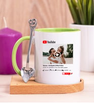 Kişiye Özel Youtube Tasarım Fotoğraflı Ahşap Altlıklı Yeşil Kupa Bardak