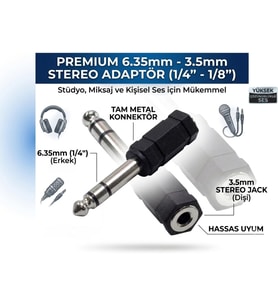 6.3 Mm Stereo Erkek - 3.5 Mm Stereo Dişi Ses Jack Çevirici Adaptör, Siyah, Gitar, Kulaklık, anfi, mixer, ses kartı, mikrofon, hoparlör ve müzik ekipmanları