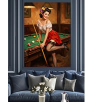 Bilardo Masasında Pin-Up Kadın Dekoratif Kanvas - Mdf Ahşap Tablo