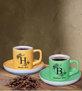 BK Gift Kişiye Özel Baş Harfli İsimli Sarı ve Yeşil Renk İkili Türk Kahvesi Fincan Seti-1, Ev Hediyesi, Arkadaşa Hediye, Doğum Günü Hediyesi
