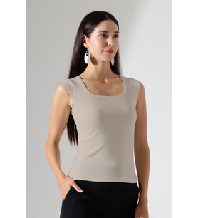 Şiir Leon U Yaka Ay Kollu Esnek Basic Kaşkorse Kadın Bluz & Tshirt & Tişört - Siyah (Bej)