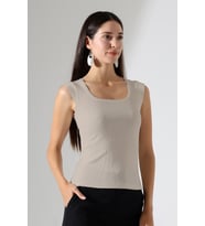Şiir Leon U Yaka Ay Kollu Esnek Basic Kaşkorse Kadın Bluz & Tshirt & Tişört - Siyah (Bej)