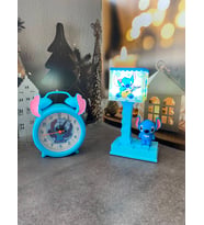 Stitch Çocuk Hediye Seti Pilli Alarm Saat Şarjlı Stitch Masa Lambası 2'li Dekoratif Masa Üstü Seti Mavi Seri