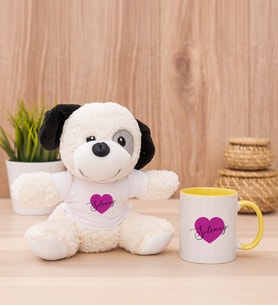 Kişiye Özel Mor Kalpli İsimli Peluş Köpek ve Sarı Kupa