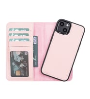 Apple iPhone 13 Uyumlu Deri Cüzdanlı Kılıf NU2 Pembe