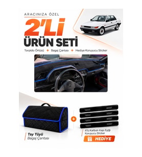 MITSUBISHI LANCER (1987-1991) Uyumlu Torpido Örtüsü + Tay Tüyü Bagaj Çantası + Sticker Seti - Siyah Mavi