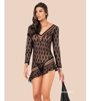 Moongirl Asimetrik Kesim Transparan Full Dantelli Uzun Kollu Mini Gecelik/Babydoll (Siyah)