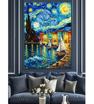 Van Gogh Yıldızlı Gece Manzarası Dekoratif Kanvas - Mdf Ahşap Tablo