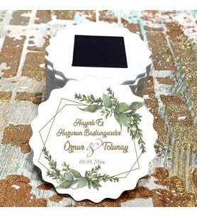 Magnet Hediyelik - Gelin / Damat Yeşil Yapraklı Tasarım Nişan, Kına, Söz Nikah, Düğün Hatırası Magnet