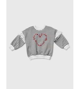Kız Çocuk Kalp İşlemeli Lacivert Şeritli Fırfırlı Kazak , Çizgili Sweatshirt,Çocuk Sweat