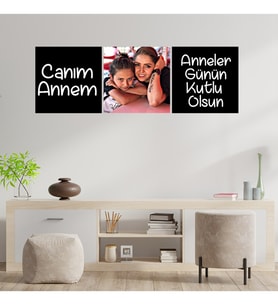 Anneler Gününe Özel Canım Annem Yazılı Kare Şekilli Fotoğraflı Kolaj Ahşap Tablo