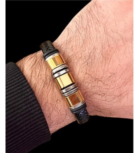 Gold&Siyah Deri ve Çelik Mixli Trend Model Erkek Bileklik 21 cm (Altın)