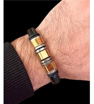 Gold&Siyah Deri ve Çelik Mixli Trend Model Erkek Bileklik 21 cm (Altın)