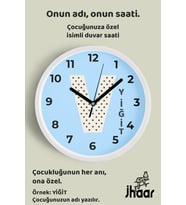 İsme Özel V Harfi Çocuk Odası Duvar Saati Orta Boy 30 cm Beyaz Camlı Sessiz