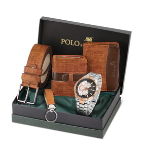 Polo Air Erkek Kol Saati Kemer Cüzdan Kartlık Anahtarlık Kombin Set PL-0789E (Kahverengi)