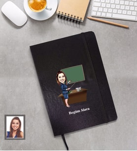 Kişiye Özel Öğretmen Karikatürlü Siyah Defter Bayan-18