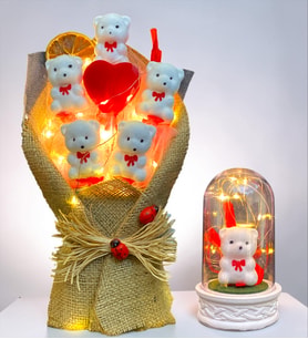 Led Işıklı Ayıcık Buketi ve Led Işıklı Beyaz Ayıcıklı Fanus Hediye Seti