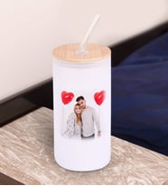 BK Gift Fotoğraflı Beyaz Renk Pipetli Buzlu Cam Bardak 600ml - 1, Arkadaşa Hediye, Doğum Günü Hediyesi
