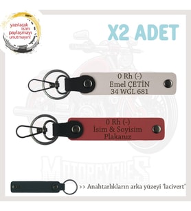 Motor Tutkunlarına, İsim Plaka ve 0 Rh (-) Kan Grubu Yazılı 2'li Anahtarlık, Nar Çiçeği-Pudra-Laci (Çok Renkli)