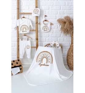 Pia Baby Premium %100 Pamuk İsim Yazılı Erkek Bebek Hastane Çıkışı Battaniyeli Bebek Hediye Seti 5043-04 (Ekru)