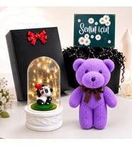 Siyah Hediye Kutusunda Sevimli Panda Biblolu LED Işıklı Fanus ve Mor Peluş Ayıcık Hediye Seti