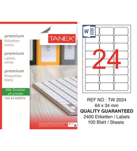 Tanex Lazer Etiket tw-2024 100 A4 Sayfa Laser Etiket 64x34 mm Boyutunda 1 A4 Sayfada 24 Etiket