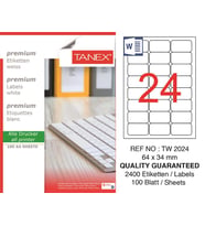 Tanex Lazer Etiket tw-2024 100 A4 Sayfa Laser Etiket 64x34 mm Boyutunda 1 A4 Sayfada 24 Etiket