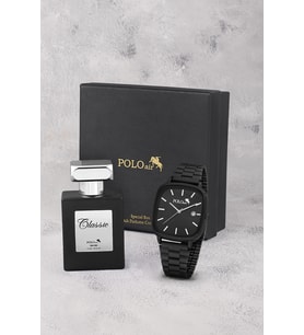 Polo Air Takvimli Dikdörtgen Kasa Hasır Metal Kordon Erkek Kol Saati Ve 55 ml Parfüm Siyah Renk ST-5022E1