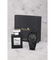 Polo Air Takvimli Dikdörtgen Kasa Hasır Metal Kordon Erkek Kol Saati Ve 55 ml Parfüm Siyah Renk ST-5022E1