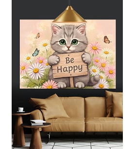 Mutlu Kedi Be Happy Dekoratif Kanvas - Mdf Ahşap Tablo