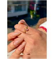 18 Ayar Gold Kaplama Minimal Kelebek ve Çiçek Figürlü Yüzük , Anneye veya Sevgiliye Zarif Hediye (Pudra Pembe)