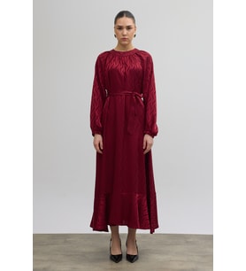 Kuşaklı Jakar Elbise - Bordo
