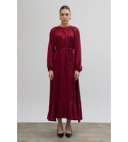Kuşaklı Jakar Elbise - Bordo