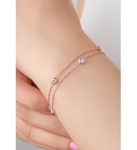 GÜMÜŞ ROSE ZİRKON TAŞLI ÇİFT ZİNCİRLİ BİLEKLİK (Rose-Beyaz)