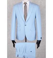 Jan Carlucci Buz Mavisi Slim Fit Çift pileli- Tokalı İtalyan Pantolon, Çift Cep Ceket Modelli  Drop 6 Takım Elbise