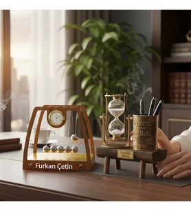 Kişiye Özel Ahşap Masaüstü Newton Beşiği Denge ve Kalemlikli Kum
